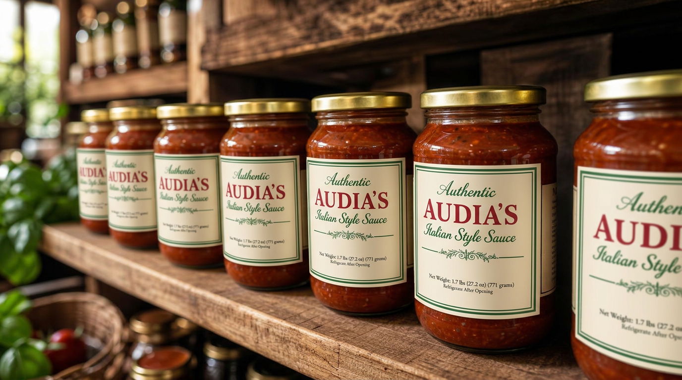 Jars of Audia's Italian style sauce stocked on a grocery store shelf