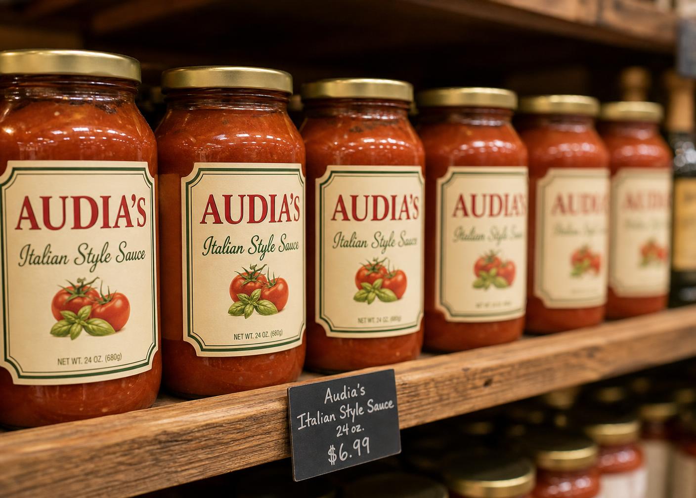 Jars of Audia's Italian style sauce stocked on a grocery store shelf